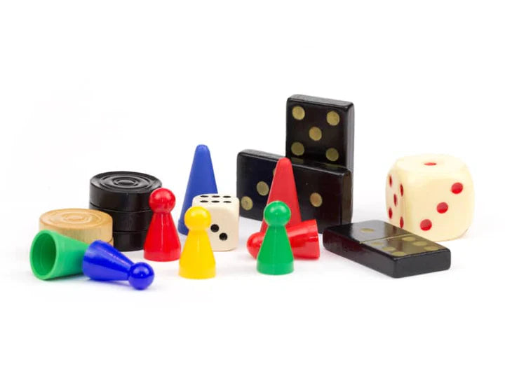 A variety of board game pieces.