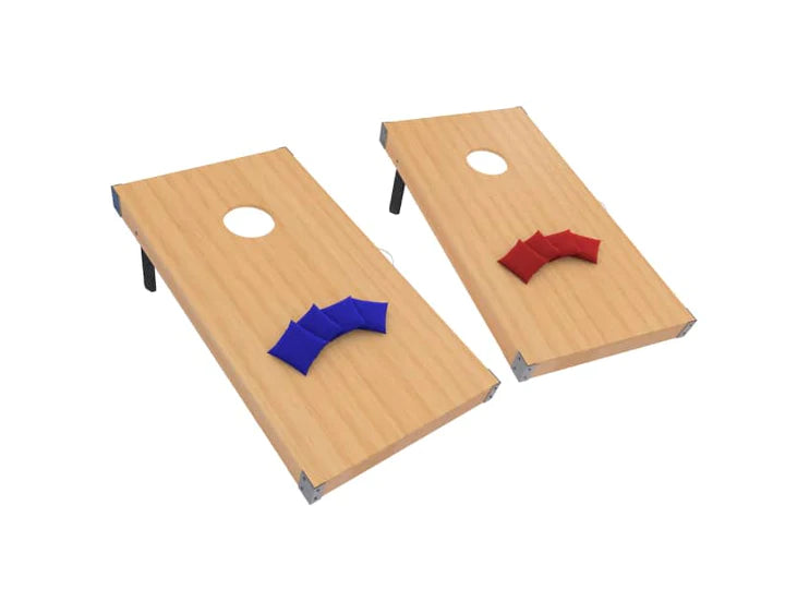 Two wooden cornhole balls with blue and red beanbags.