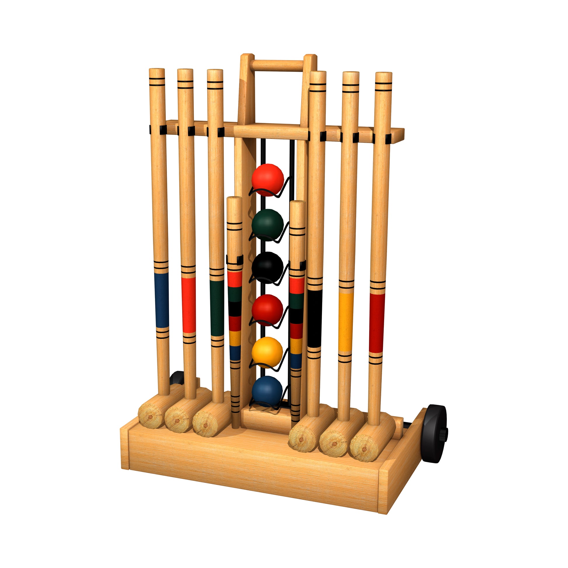 A wooden croquet set in a stand containing six croquet batons and balls