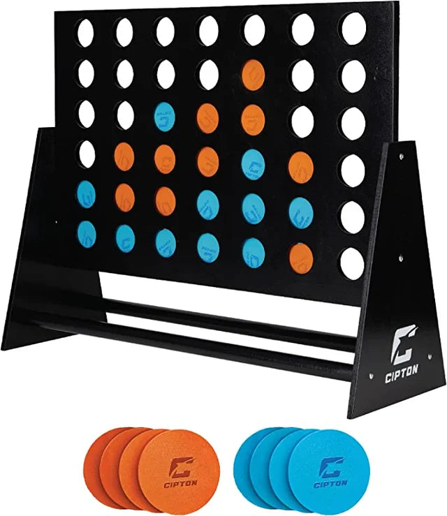 A giant table-top connect game with red and blue discs.