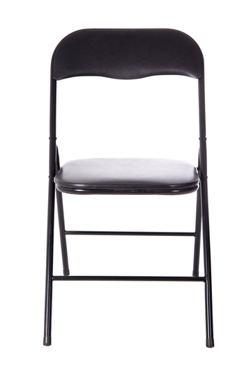 A black metal folding chair facing frontwards