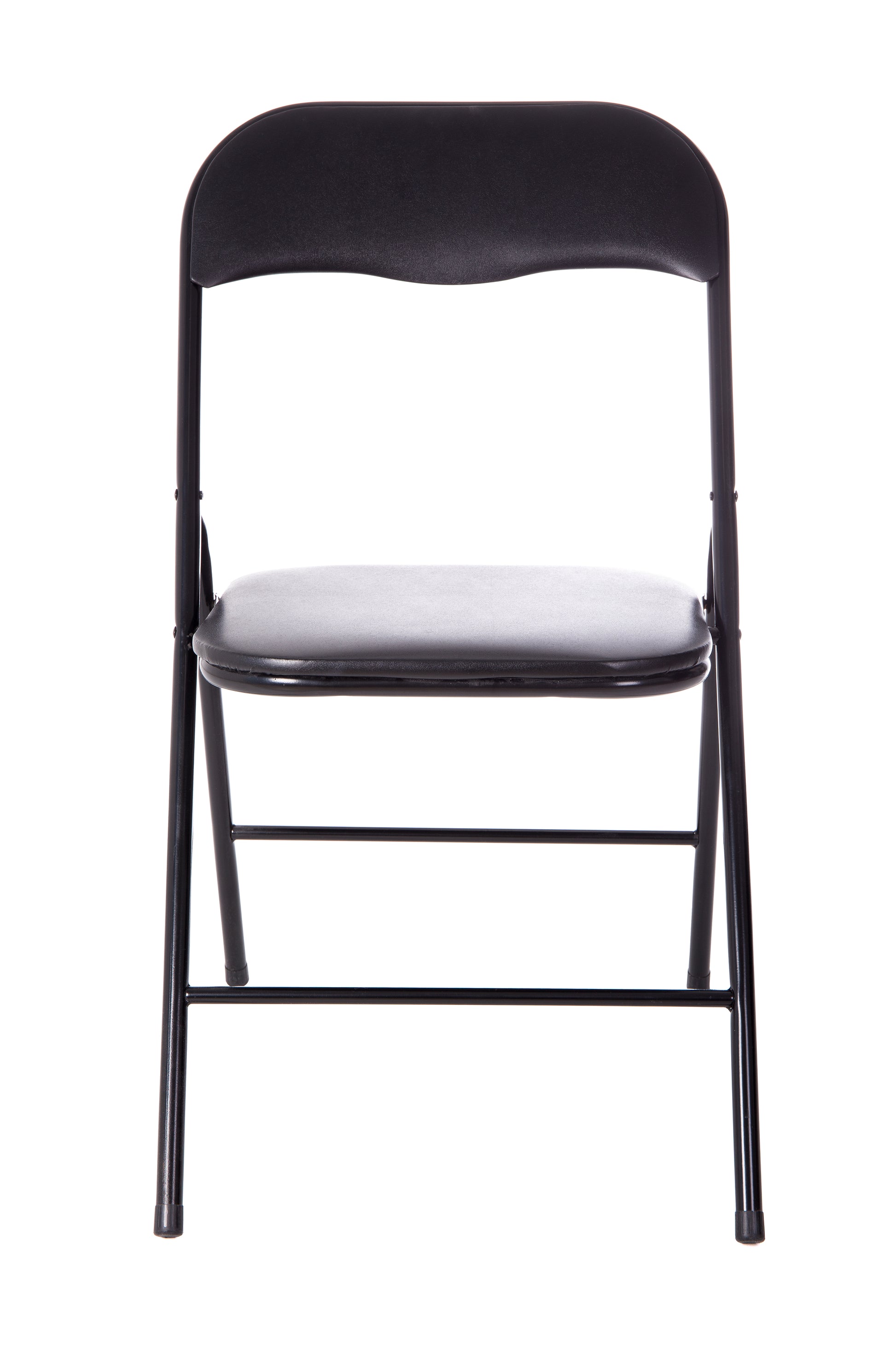 A black metal foldable chair facing frontwards.