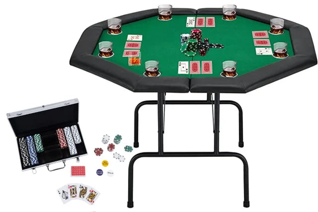 A foldable green-felt poker table set with poker cards, chips and shot glasses for a poker game. A poker set displays on the side.