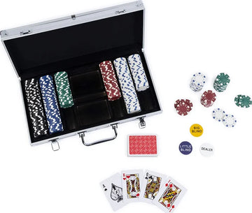 A poker storage box that is open to display rows of coloured poker chips. A deck of playing cards displays in the foreground.