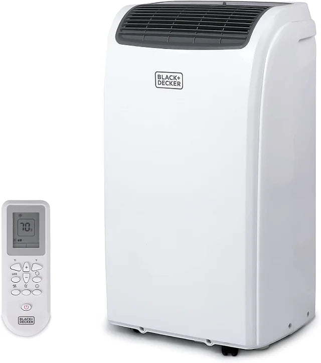 A portable black and decker room air conditioner and remote. Both items are white with grey detailing.