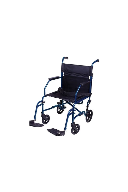 A standard black transport wheelchair with foldable foot holders.